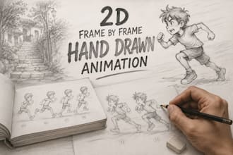 draw 2d line art pencil sketch 2d frame by frame hand 2d line art