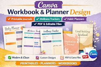 design canva workbook, printable planner, journal and wellness tracker