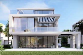 visualize residential building, render villa exterior, terrace garden, pergola