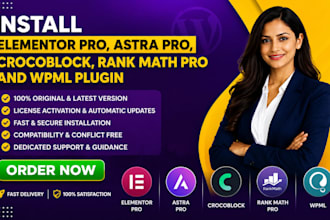 install elementor pro, astra pro, crocoblock, rank math pro and wpml plugins