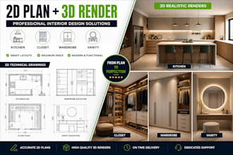 design kitchen closet wardrobe and vanity with 2d plans and 3d realistic renders