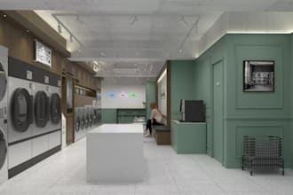 create 3d laundromat design, laundry shop,fabric care facility,car wash interior
