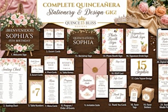 elegant quinceanera stationery and signage suite
