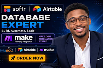 build airtable database, CRM, make com automation and softr web app as expert