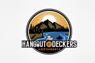 design fun restaurant mountains river bank logo