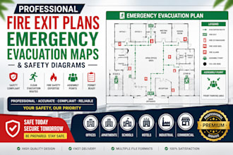 design fire exit and emergency evacuation plan, maps, diagram, safety plan