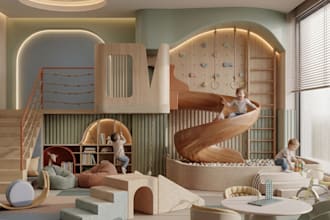 model 3d modern play room renders, luxury interior kids room, indoor playground