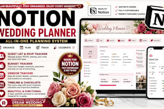 design notion template for wedding planning, guest list, budget, vendor tracker