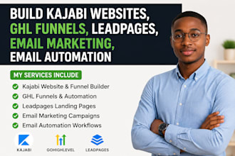 build kajabi websites, ghl funnels, leadpages, email marketing, email automation