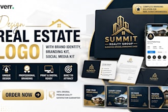 design real estate logo with brand identity, branding kit, social media kit