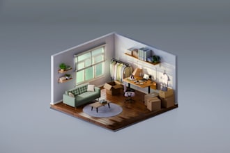 stylish 3d room, isometric scenario, diorama in blender for presentation