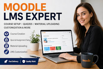 setup moodle lms course website, quizzes and materials
