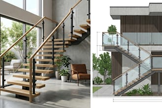 design steel, glass, wood staircase railing and 2d rendering 3d model