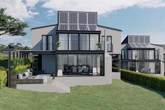 overhaul 3d duplex exterior, front yard garden,interior render, pan plan layout