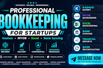 do bookkeeping, kashoo, myob, excel bookkeeping for startups with bank syncing