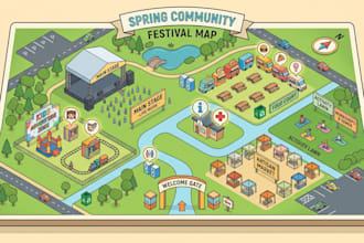 draw map illustration, game map, event map, vector map, site plan, isometric map