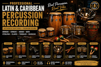 record bongos, congas, agogo, bata, steelpan claves, timbales and maracas