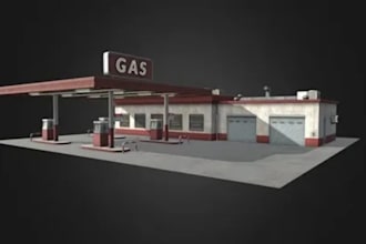 design 3d gas station, cgi exterior, convenience store and restaurant render