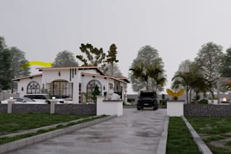 redesign farmhouse,villa,cozy outdoor render, backyard, pergola, driveway design