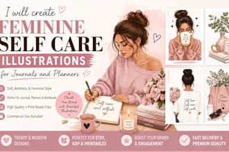create feminine self care illustrations for journals planners workbook kdp etsy