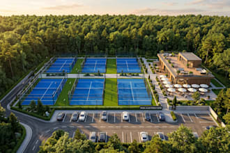 design 3d padel court club, baseball facility render, pickleball badminton court