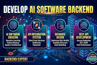 develop ai software backend, api integration system, database design, rest API