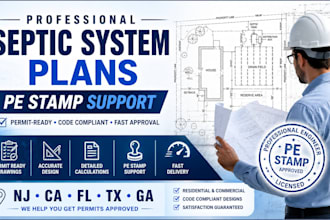 design septic system plan with pe stamp for nj, ca, fl, tx, ga permits