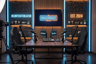 design realistic 3d podcast studio, talk show, streaming and broadcast room