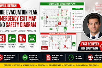 design fire evacuation plan, emergency exit map and safety diagram