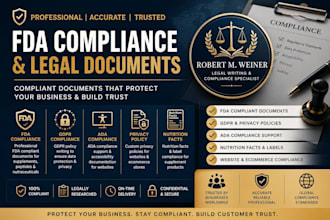 write fda compliance, gdpr policy, ada compliance and nutrition facts documents