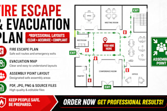 design fire escape plan, egress plan, evacuation map and assembly point layouts