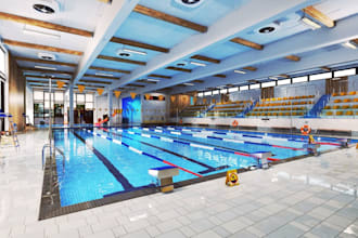 design cgi 3d swimming arena, 3d indoor pool complex, swimming competition arena