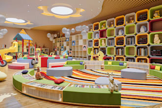 3d school library refurbish,indoor playground,kids play area,cgi playroom render