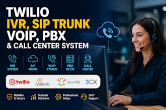 setup twilio, voip, sip trunk, IVR, pbx and cloud call center