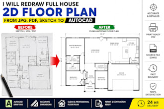 redraw full house 2d floor plan from jpg pdf to autocad drafting blueprint