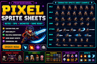 design retro pixel art sprite sheets and animations