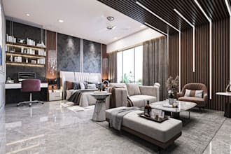 luxury 3d master bedroom, home library,wall panel, functional interior rendering
