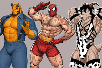 draw male furry bara character, gay bara, hairy gay bear, oc, muscle bear man