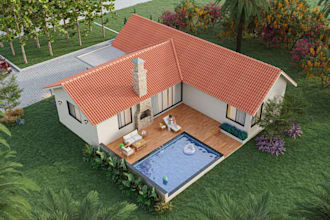 render 3d luxury farmhouse, mediterranean villa style,tile roof,courtyard garden