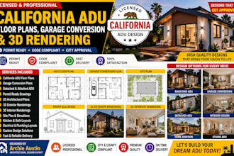 draw licensed california adu floor plans, garage conversion and 3d rendering
