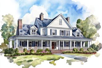 draw a house portrait into a watercolor illustration