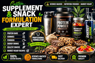 formulate supplement, protein bar, powder, gummies, drinks, and snacks recipes