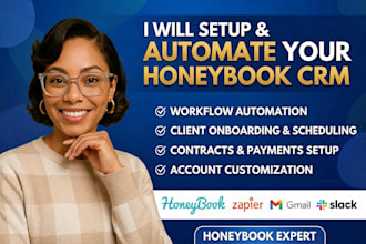 setup honeybook CRM, automation workflows and client onboarding with payment