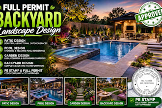 full permit backyard landscape design, patio,pool, garden rendering and pe stamp