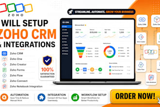 setup zoho CRM, zoho one, creator, forms, flow, connect, notebook integration