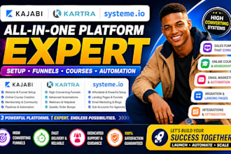setup kajabi, kartra, systeme io sales funnel, online course website automation
