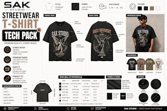 design streetwear t shirt tech pack and apparel flat sketch for manufacturer