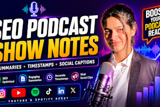 write SEO optimized podcast show notes, summaries and timestamps