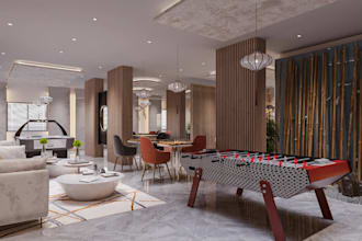 retouch 3d interior gaming area, club arena, indoor game zone, lounge bar render
