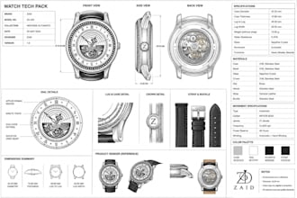 create clear watch 2d drawing, 3d cad designs and detailed tech packs